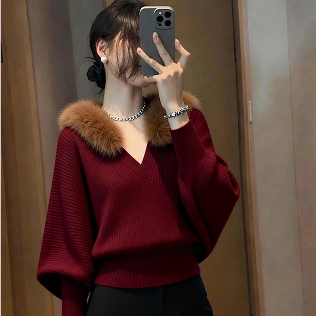 法式轻熟风V领针织衫女时尚慵懒风高级感独特漂亮仿貂毛领毛衣服