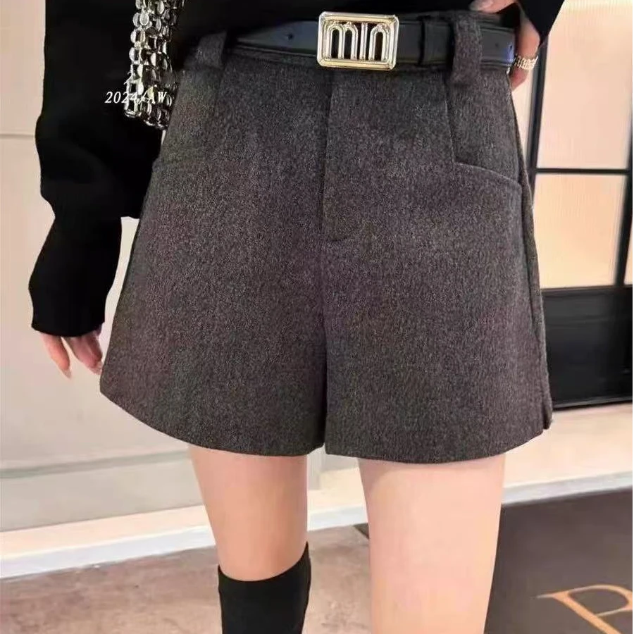 欧货秋冬新款高腰显瘦百搭呢子短裤女厚时尚百搭阔腿A字靴裤