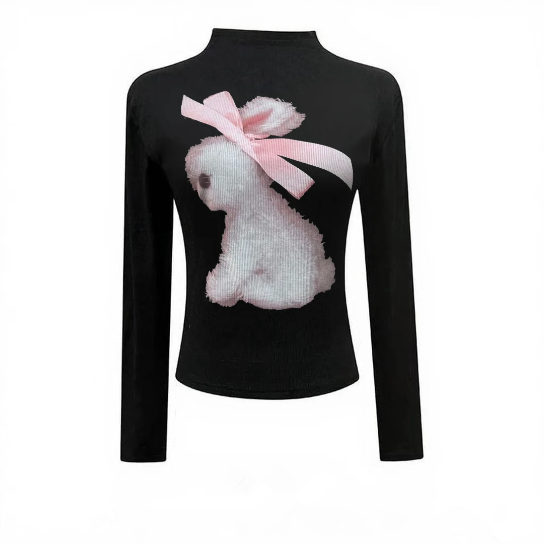 微胖MM大码女装兔子印花辣妹半高领正肩长袖T恤秋冬修身显瘦上衣