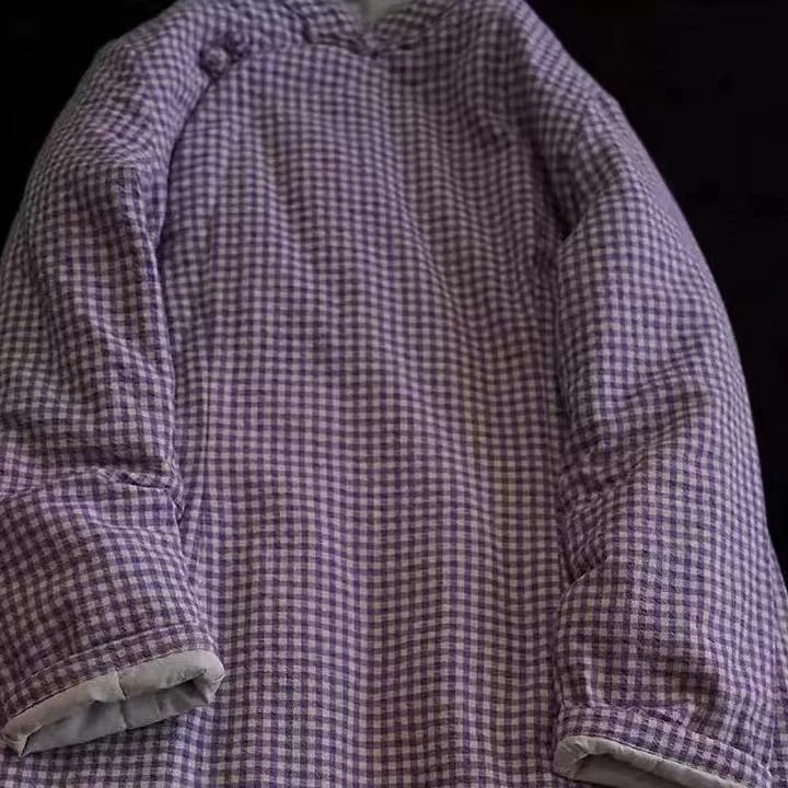 冬季新款复古 国风棉麻格子立领 斜襟修身夹棉长旗袍裙