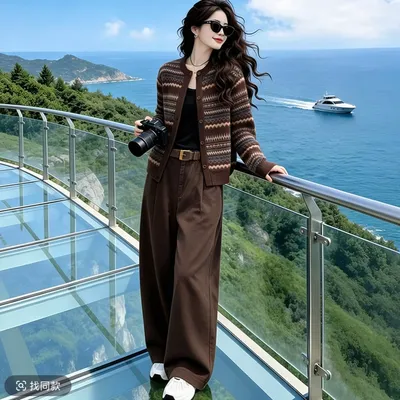 温柔风套装女2026早秋新款条纹针织开衫显瘦阔腿裤两件套(无