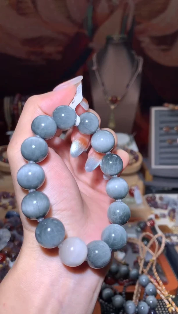 未镶嵌珠宝半成品水晶蓝灰兔毛手串14+mm