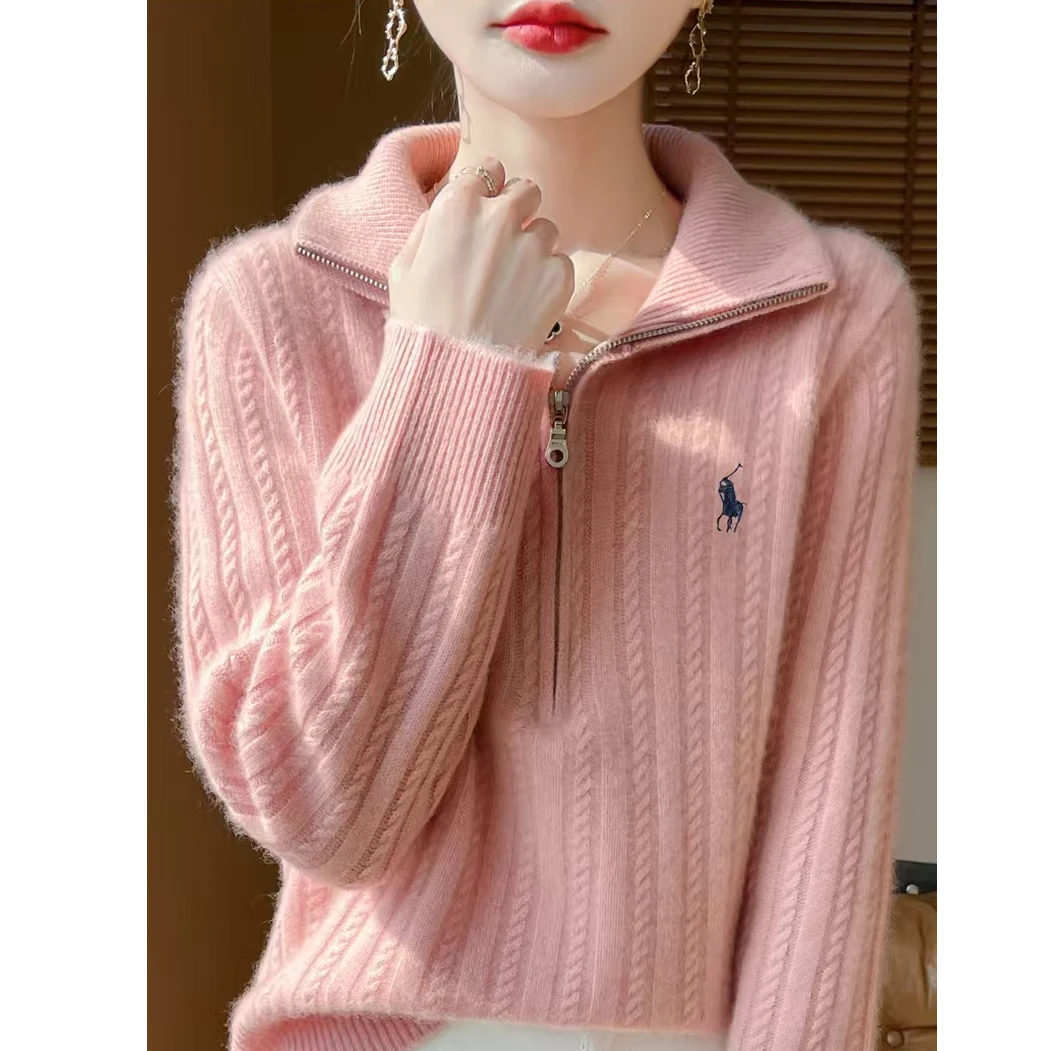 麻花刺绣拉链100%纯羊绒高端半拉链毛衣女秋冬宽松高档针织D267