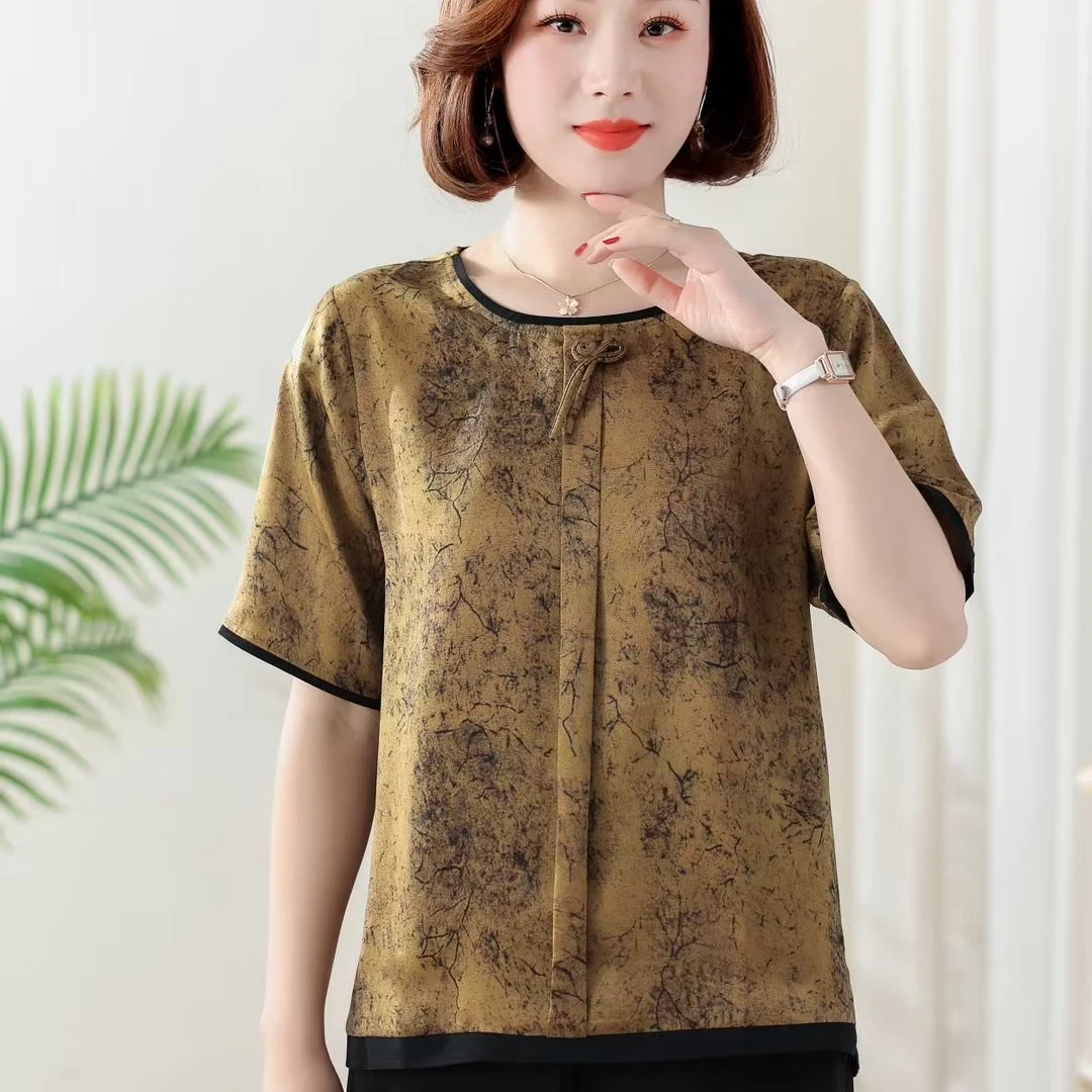 圆领休闲风常规常规款中老年女装宽松洋气提花显瘦半袖气质大码