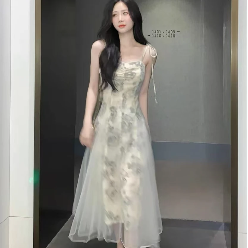 碎花网纱吊带裙水墨气质温柔白月光法式连衣裙吊带裙收腰显瘦蕾丝