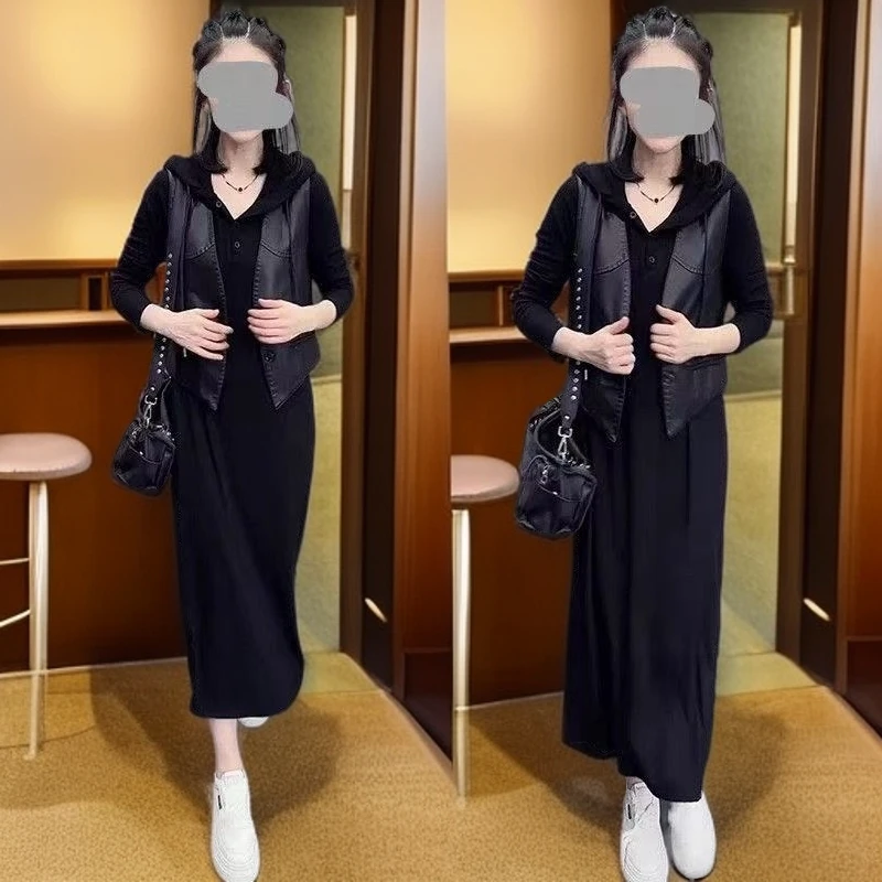 时尚套装女2025秋季新款百搭马甲连帽卫衣裙休闲减龄显瘦两件套
