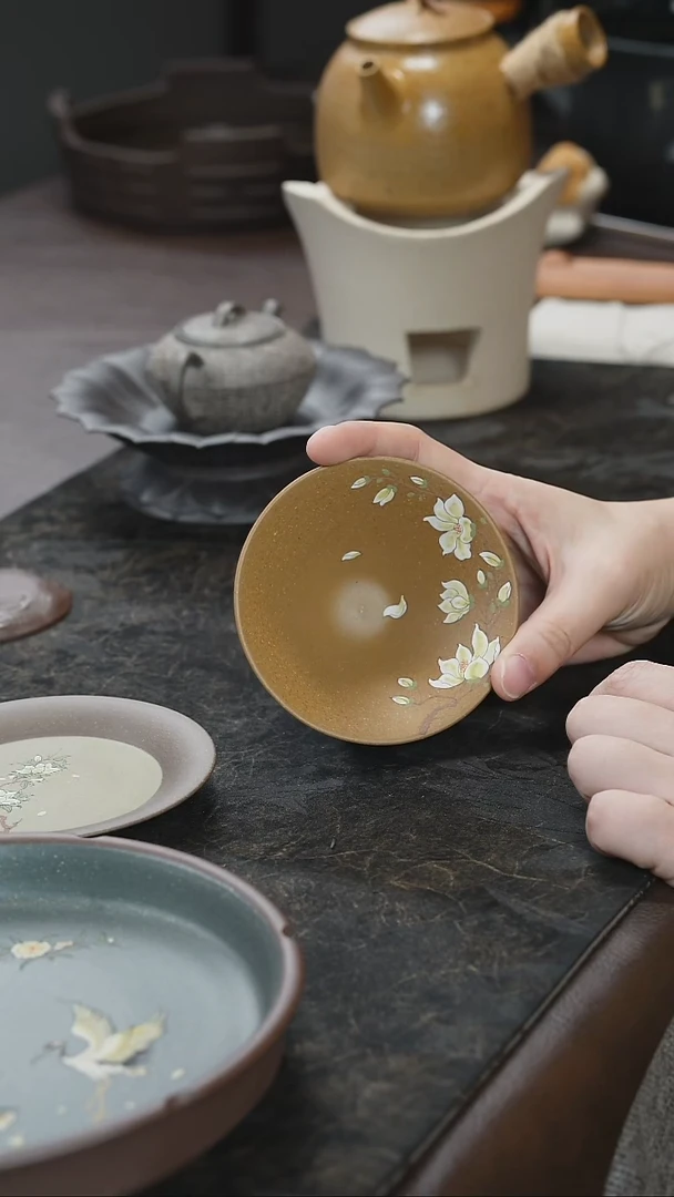 九隐茶器葵黄段斗笠杯