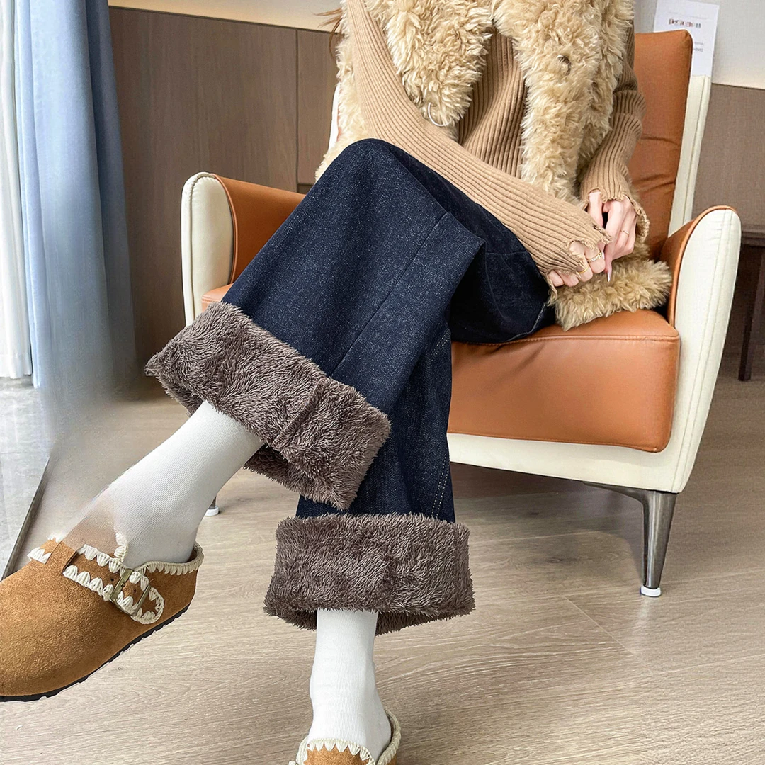 加绒阔腿牛仔裤女2025新款冬季宽松慵懒松弛感小个子羊羔绒直筒裤