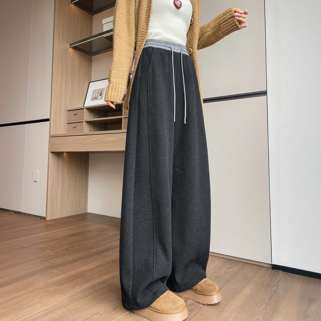 深灰色糯米裤女秋冬2025新款休闲宽松bf慵懒风针织加绒阔腿弯刀裤