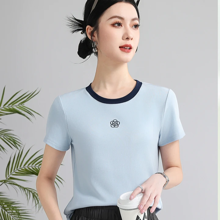 莱赛尔天丝+薄荷精华！撞色山茶花刺绣女款短袖！