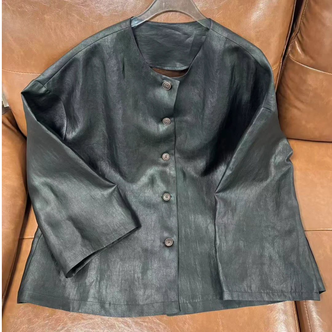 100%桑蚕丝！牛缎龟圆领外套夹克上衣