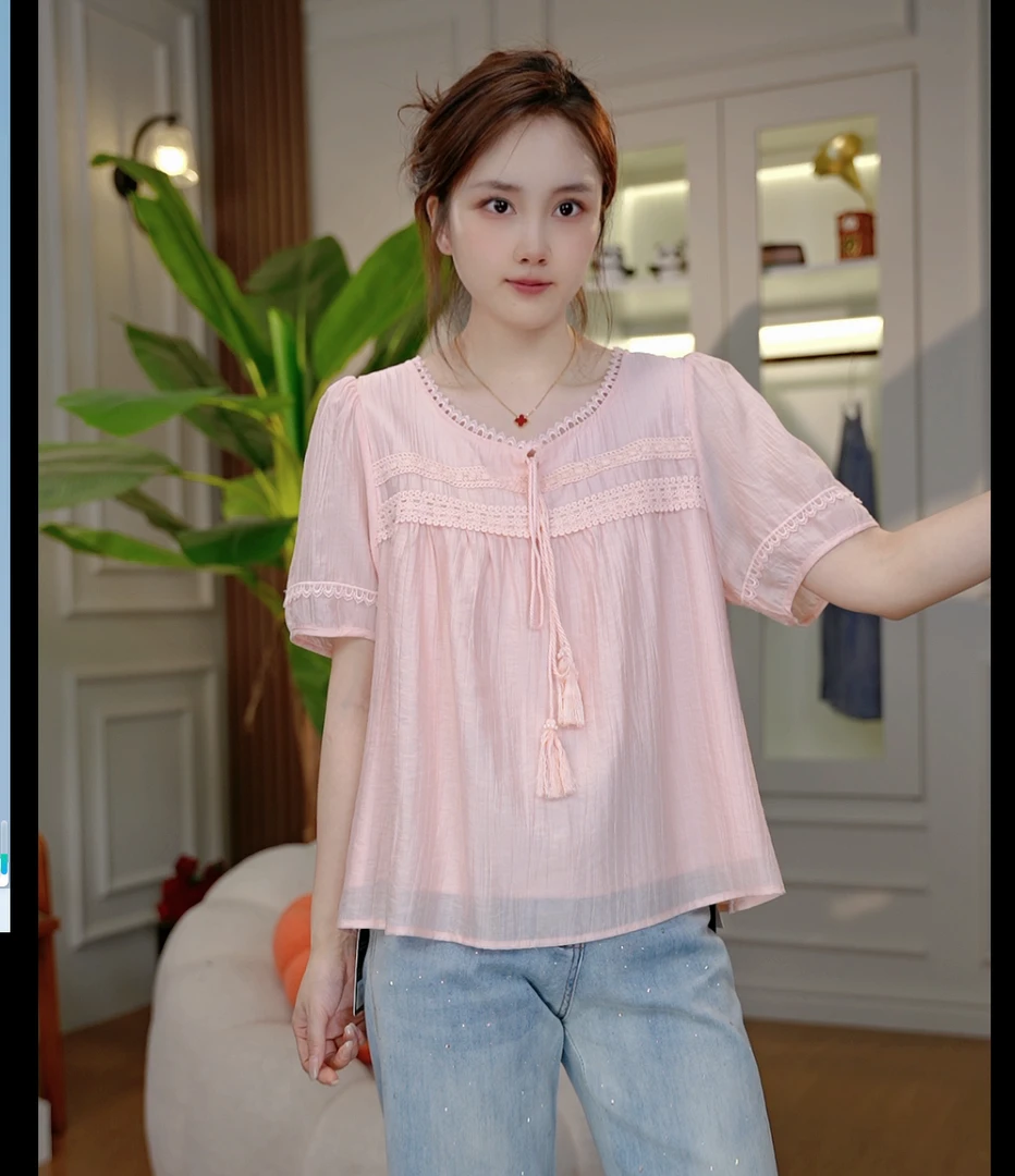 （花宝）夏季新款圆领纯色系带小衫显瘦甜美小上衣2978