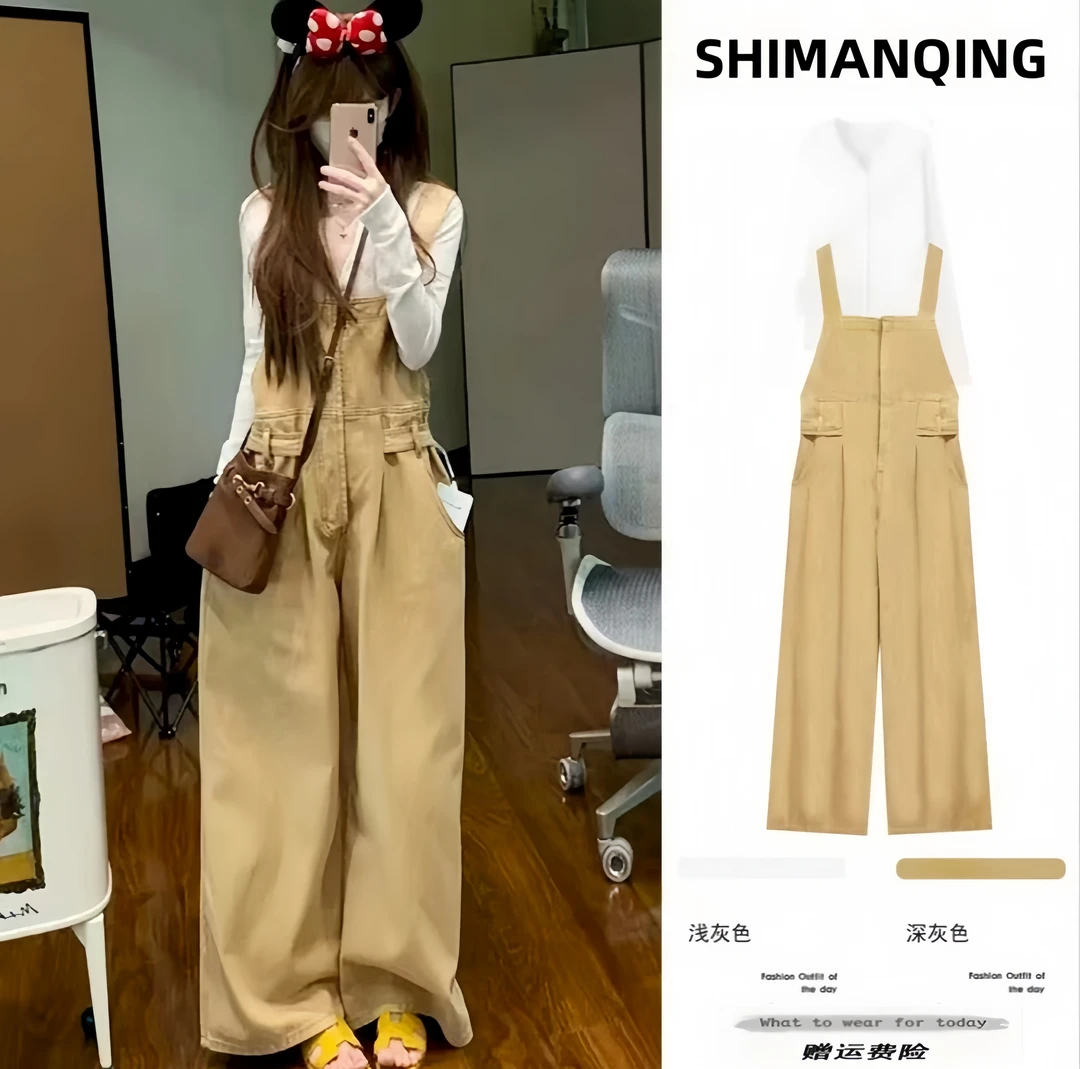 孕妇装春秋款新款韩版阔腿裤背带裤直筒时尚减龄孕妇背带裤套装