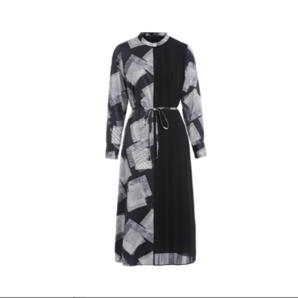 秋冬季时尚气质优雅轻奢拼接舒适新款印花绑带长袖连衣裙LBB85061