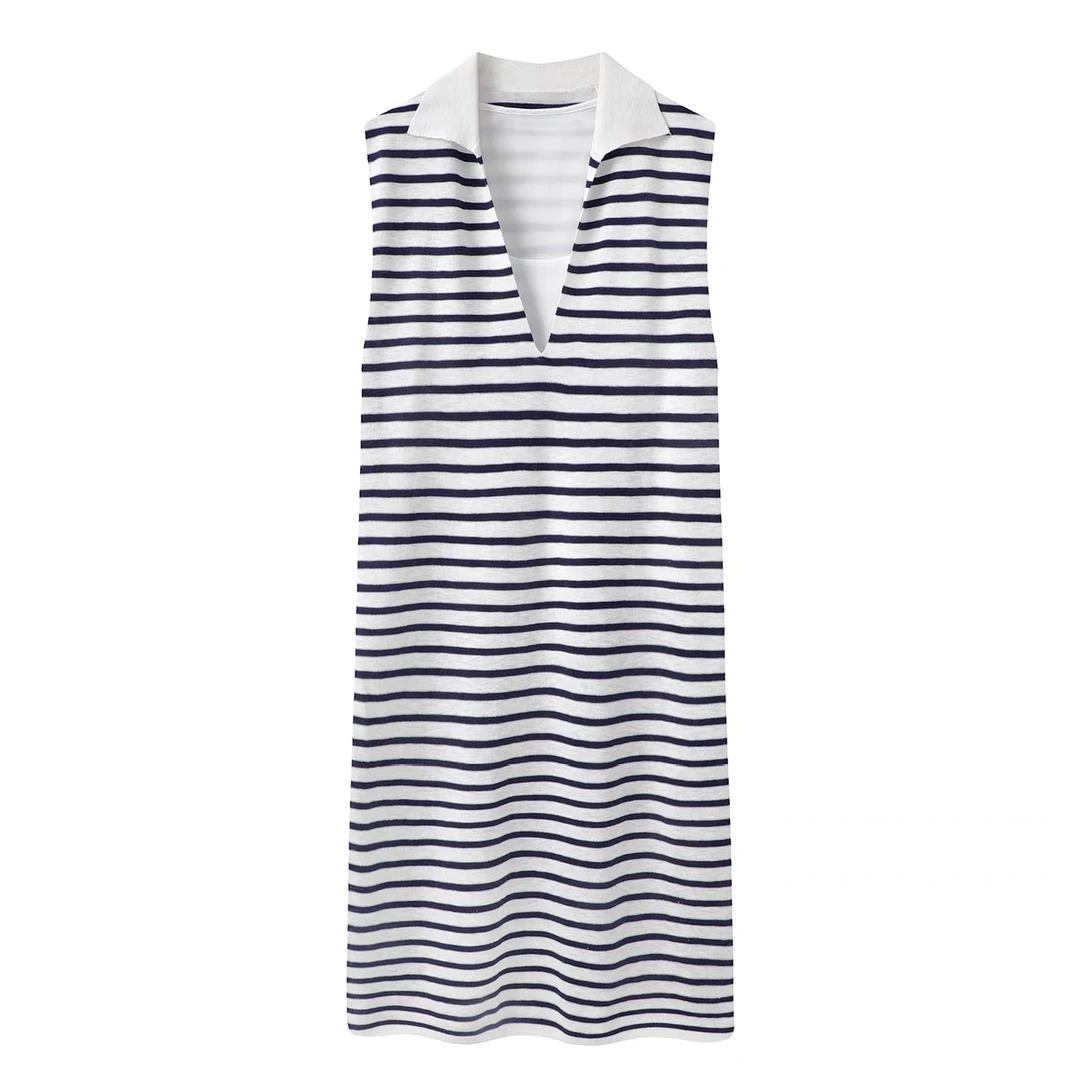 2279原单商场同款翻领宽松显瘦条纹无袖两件套背心连衣裙