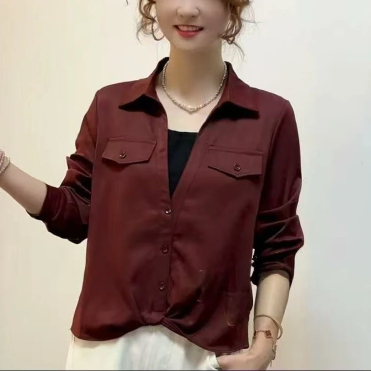 秋季新款长袖上衣时尚扭结翻领假二件百搭显瘦衬衫法式减龄衬衣女