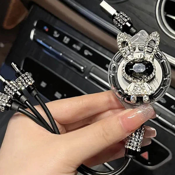 车载数据线三合一伸缩高级镶钻快充手机type-c充电器线车用一拖三