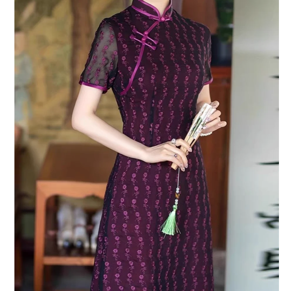 SYGJ-865-两色小碎花刺绣双层A版旗袍