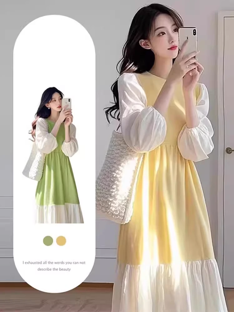 孕妇装早春高级感气质温柔风连衣裙2025春季新款流行撞色拼接长裙