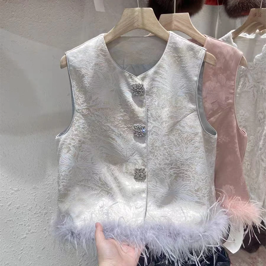 2025春国风粉蓝亮钻拼接毛毛马甲2012