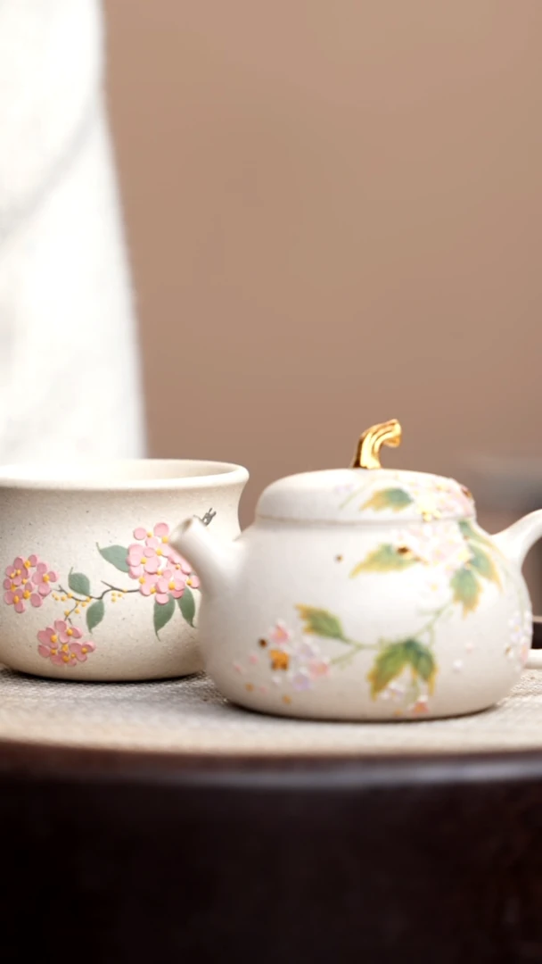 茶壶紫砂白玉段匏瓜金钮+杯