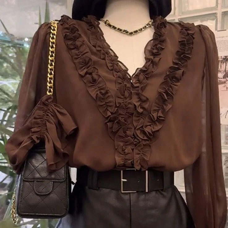 美拉德穿搭时尚洋气时髦轻奢上衣高级感棕色木耳网红洋气炸街女装