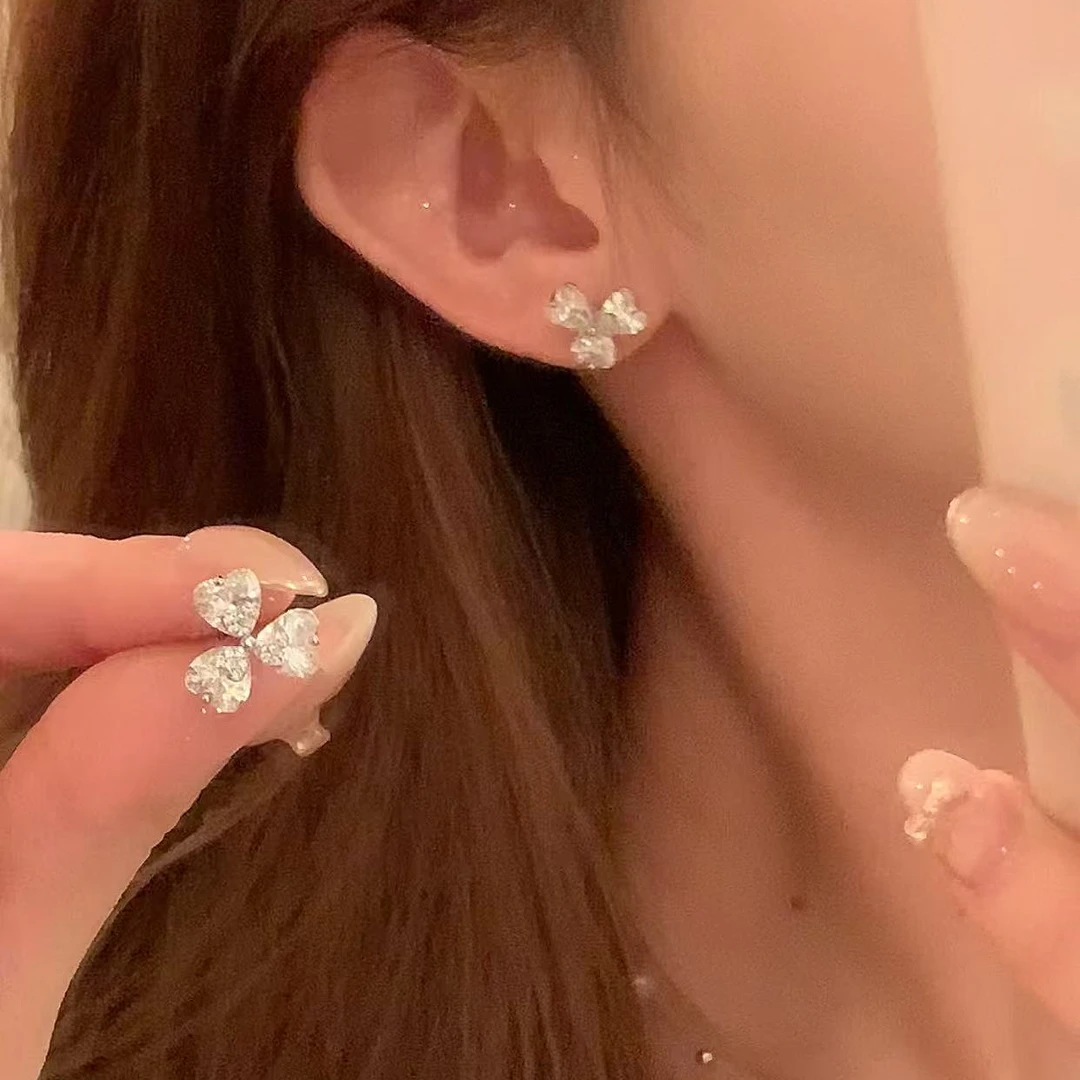 芒果饰品 铜合金锆石耳饰 韩系轻奢闪锆三叶草耳环女气质耳钉耳饰