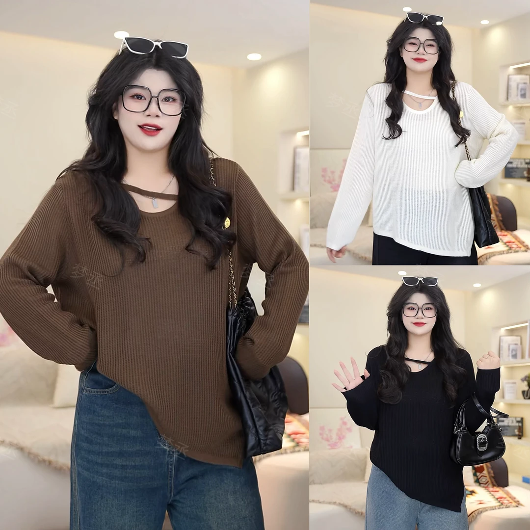 梦丞-胖mm大码女装U领镂空不规则设计感洋气冬季长袖针织衫上衣