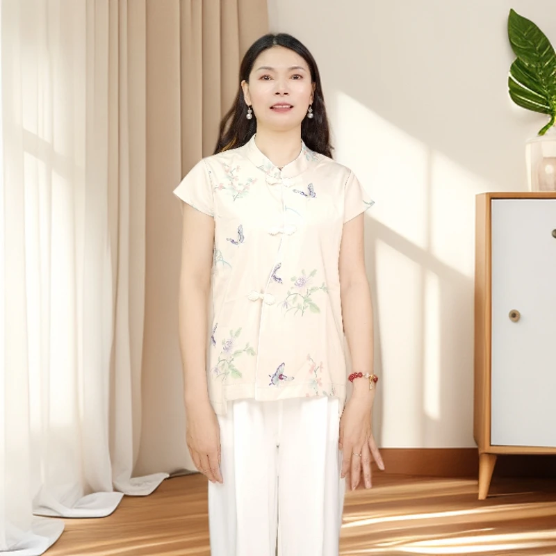 新中式立领扎染斜襟上衣2025夏季新轻薄上衣小衫