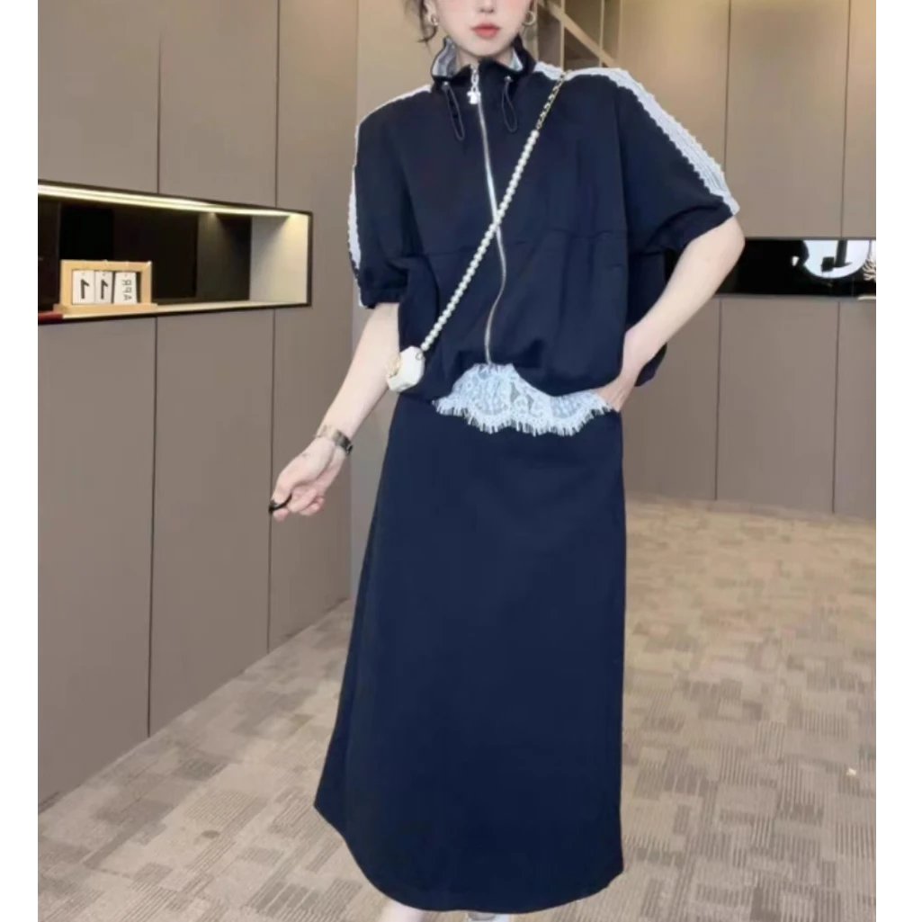 【湘湘定制】蕾丝拼接上衣裙子套装女立领短款卫衣外套+半身裙