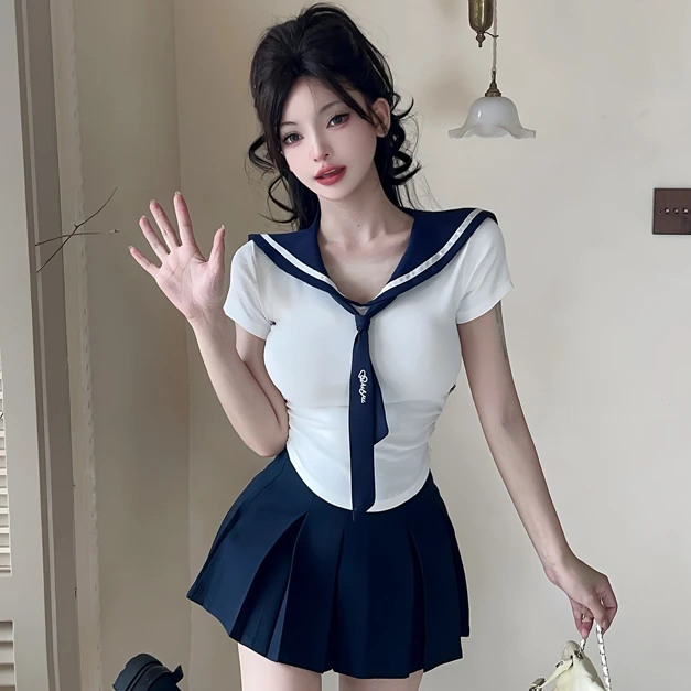 夏季拼接海军领短袖T恤女短款jk制服学院风收腰修身甜美纯欲套装.