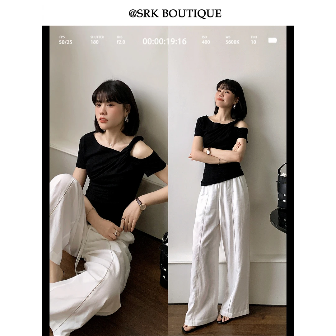 法式简约色休闲裤高腰宽松透气天丝亚麻慵懒垂感阔腿裤