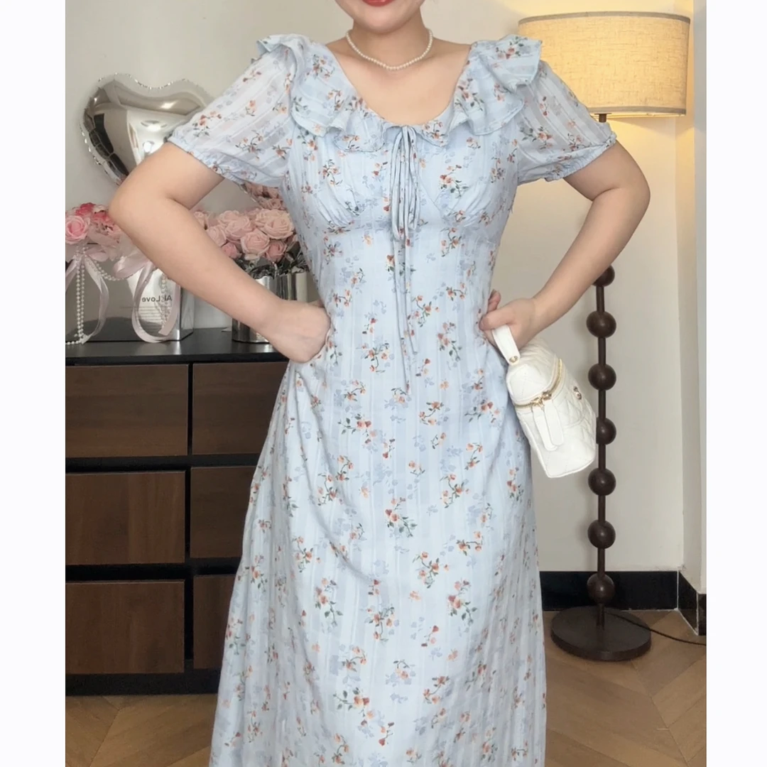 连衣裙女款爆款宴会新款高级感轻奢蓝色碎花连衣裙掐腰显瘦遮肉