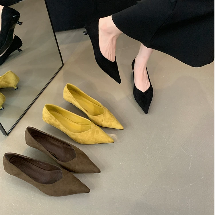 法式绒面尖头细跟浅口单鞋女2025年春秋季新款一脚蹬不累脚工作鞋
