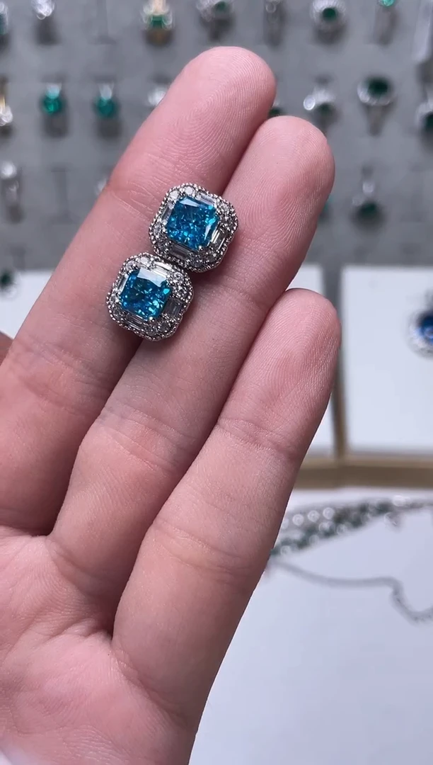合金合成钻石耳饰蓝宝耳钉