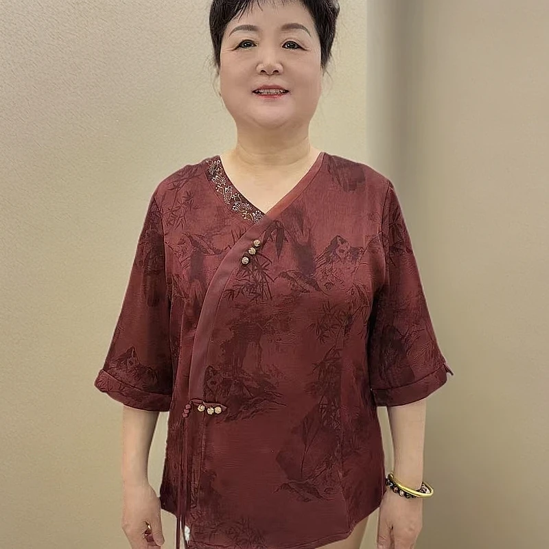 旗袍印花新中式宽松中国风中老年妈妈装8588