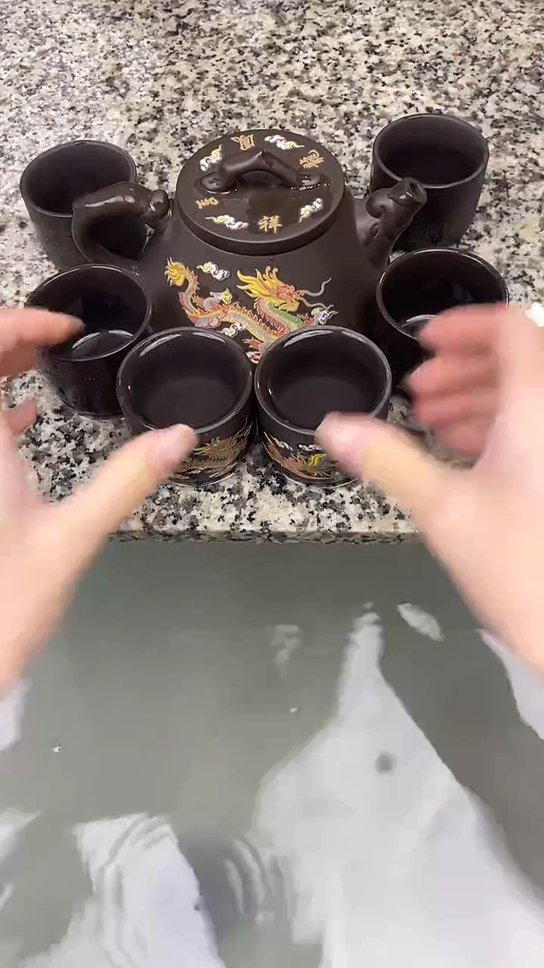 紫砂套装大容量380cc龙凤石瓢凤鸣壶  一壶六变色杯