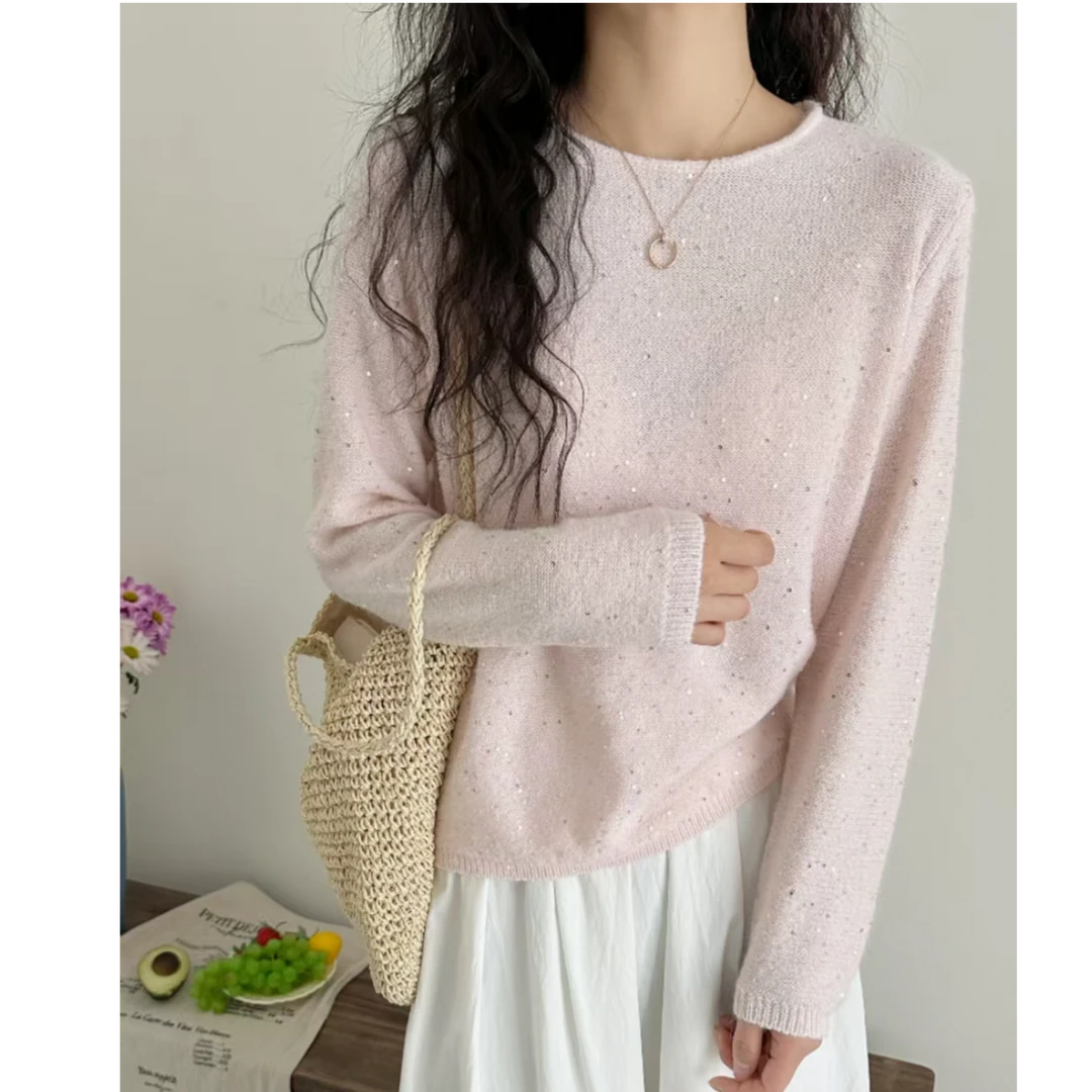 （小亮片）春季新款亮片圆领套头毛衣宽松显瘦针织打底衫女-2573