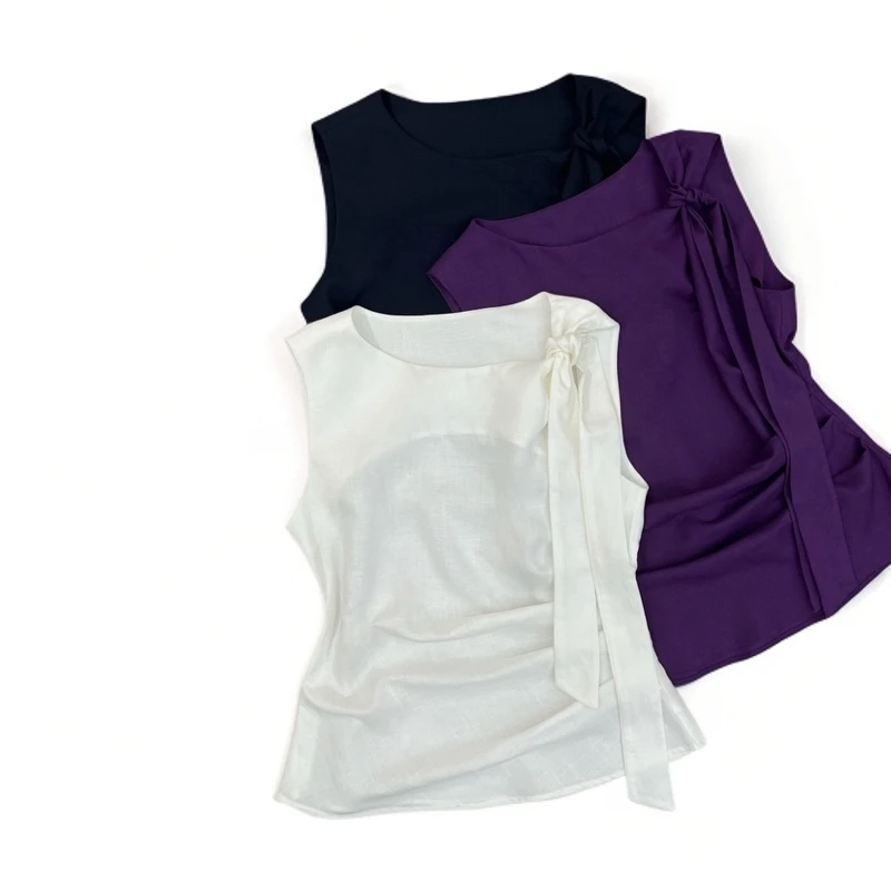 79130 复古无袖俏皮小衫无袖圆领褶皱系带极简风背心吊带修身夏季