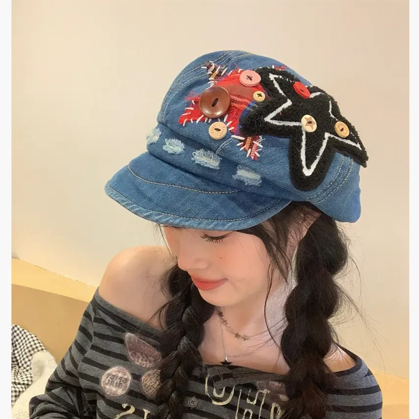 日系星星纽扣贴布贝雷帽女春夏季甜美百搭前进帽