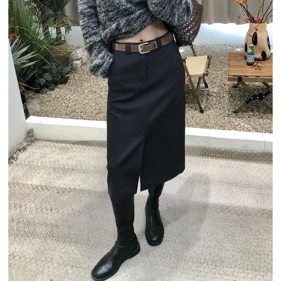 静奢风高智通勤感含腰带前开叉极简剪裁西装半身裙铅笔裙显瘦气质