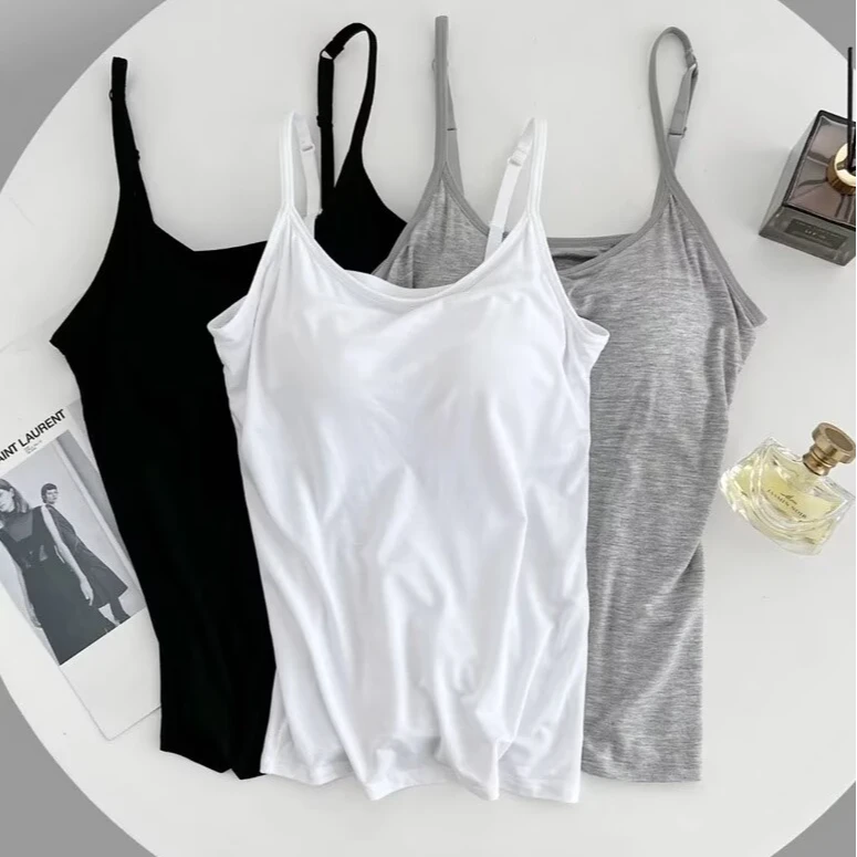 【涧蓝正品】带胸垫固定乳胶感胸垫吊带背心聚拢罩杯一体内搭