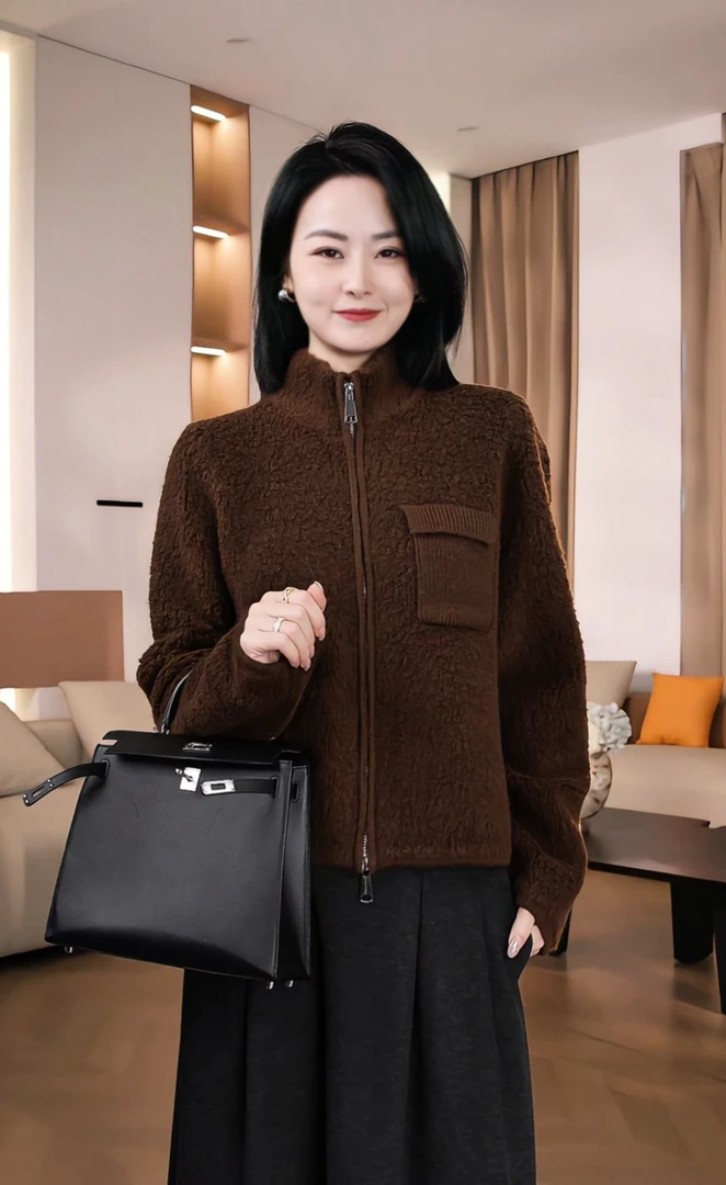 Nuovo Borgo 半高领拉链羊毛针织衫修身立领慵懒上衣女外套 8520
