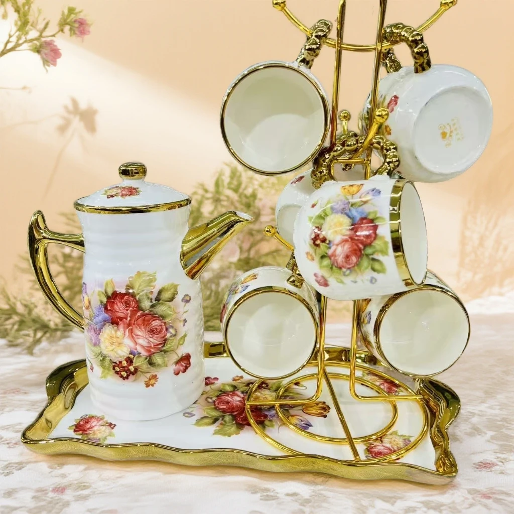 新疆包邮【玫瑰花园杯子茶壶套装】六杯 茶壶 托盘架子一共9件套