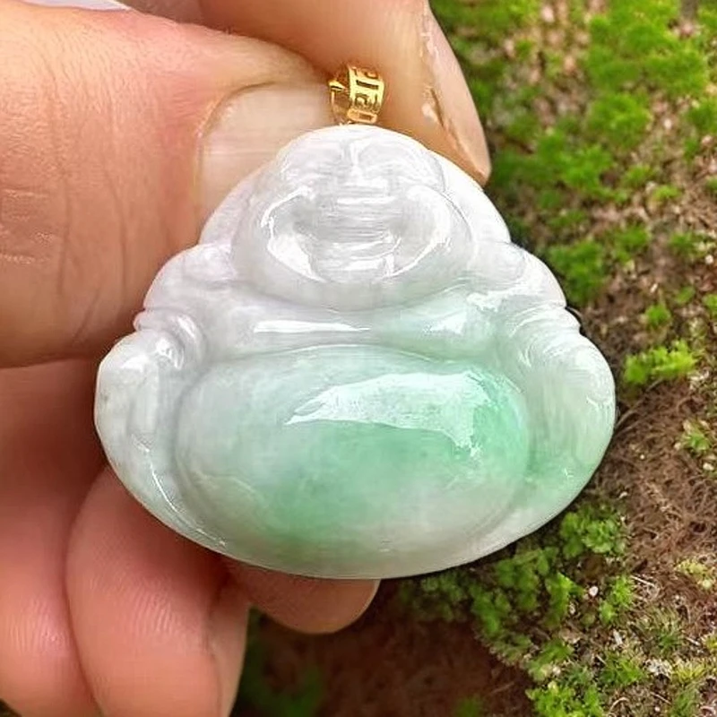 A货翡翠佛公18k金镶嵌