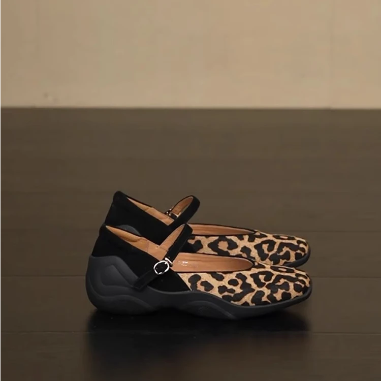 森唔~复古玛丽珍鞋女豹纹拼色一字扣带浅口百搭羊皮内增高单鞋