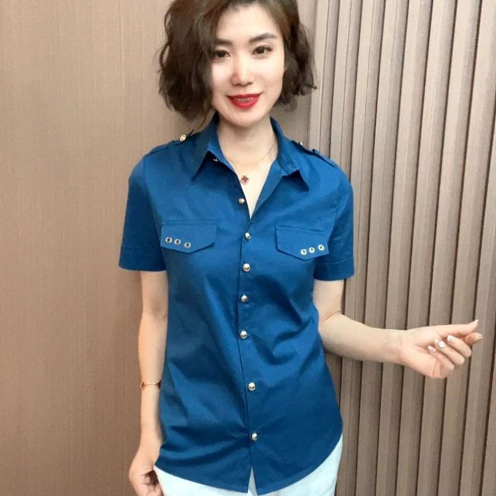 翻领夏季短袖通勤衬衫上衣极简风大码显瘦气质衬衣洋气时尚休闲
