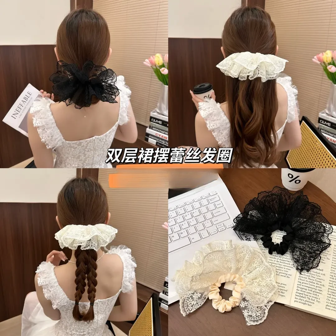 蕾-丝--双-层-裙-摆-蕾-丝-发-圈-高-级-气-质-发-饰-头-绳
