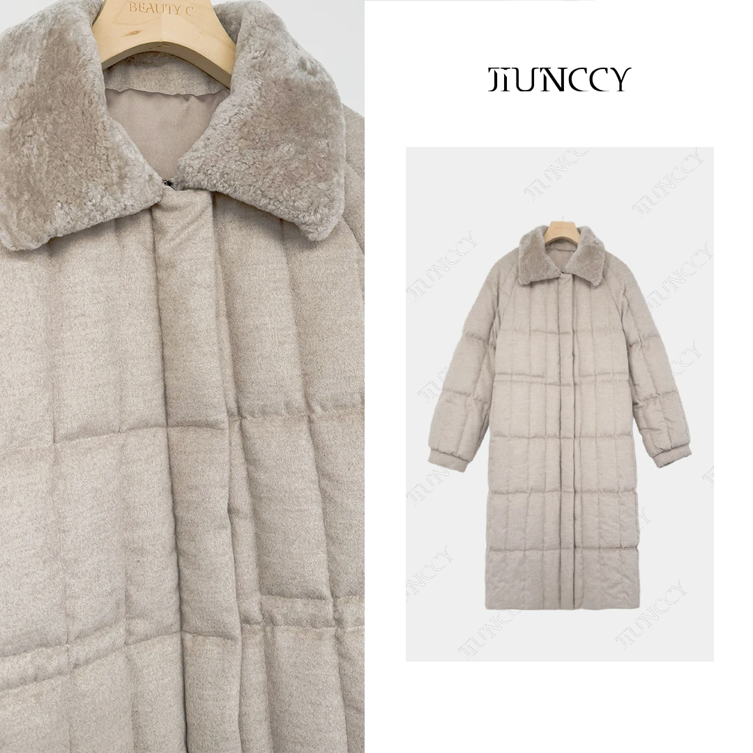 JIUNCCY【冬意】羊毛混纺绗线方格拼羊毛领90白鹅绒羽绒服 42YRF115