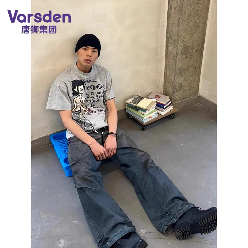 唐诗集团Vasden美式高街复古印花短袖T恤男宽松夏季个性花灰T恤潮